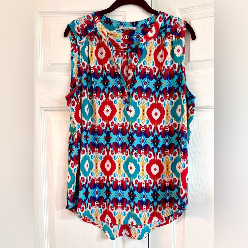 Roz & Ali Women’s Colorful Print Sleeveless Blouse, Size Large.
